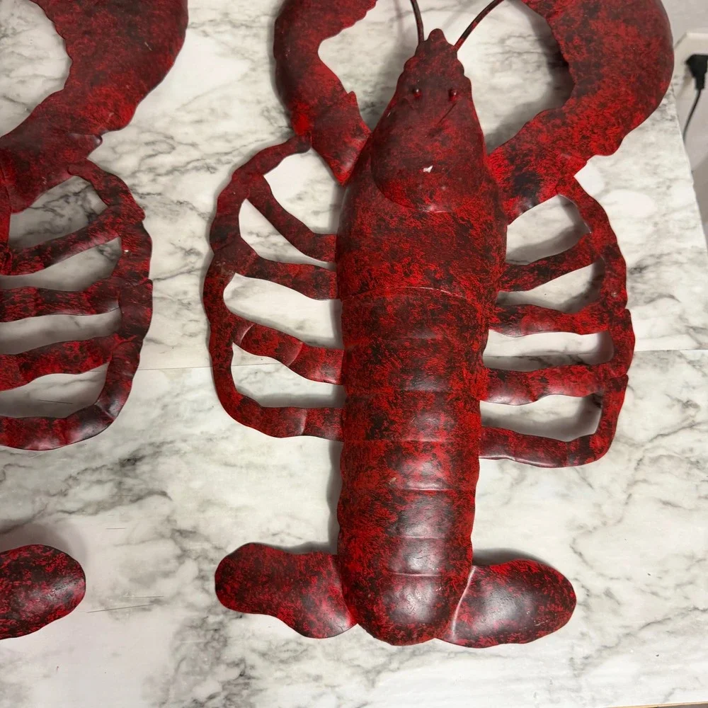 Set of 3 Metal Lobster Wall Art Decor Distressed Red Black Nautical Coastal 18in